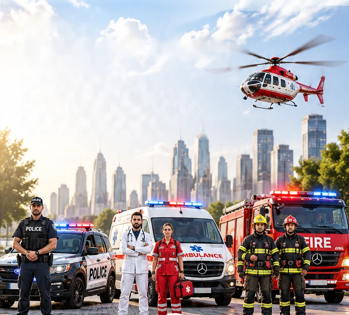 A police officer, paramedics and firefighters in front of their vehicles, with a rescue helicopter above a city
